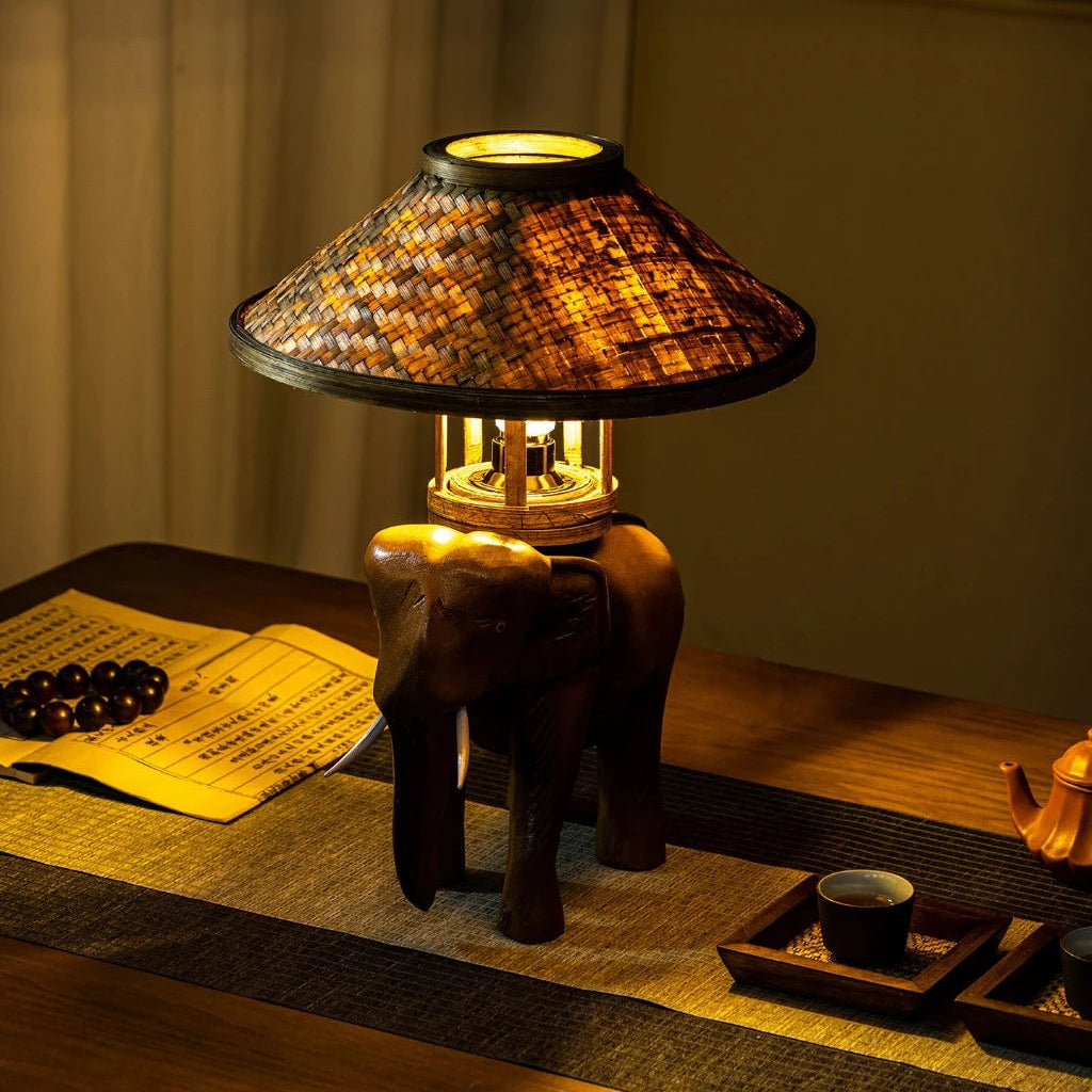 Rustic Wooden Elephant Lamp - Bamboo Hat Shade