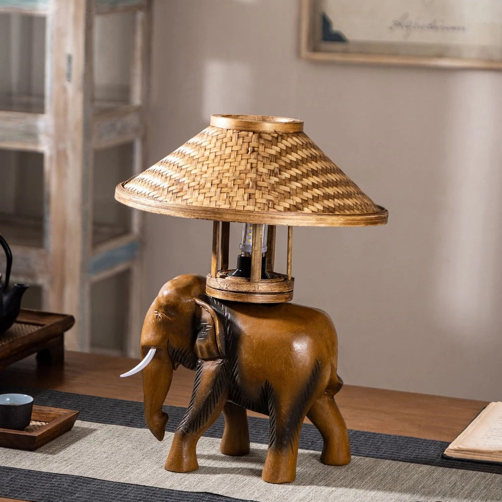 Rustic Wooden Elephant Lamp - Bamboo Hat Shade