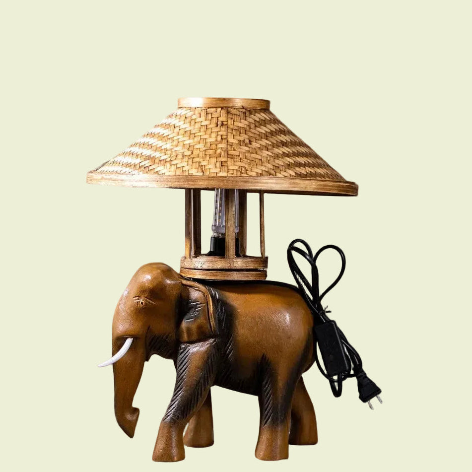 Rustic Wooden Elephant Lamp - Bamboo Hat Shade