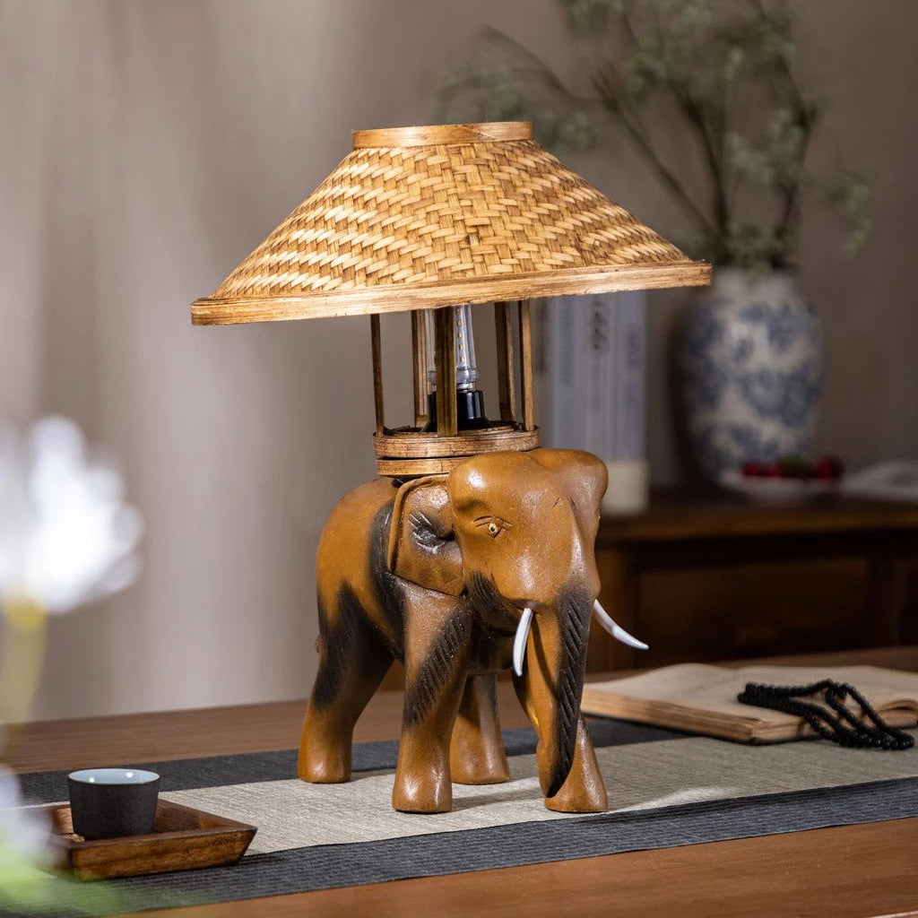 Rustic Wooden Elephant Lamp - Bamboo Hat Shade