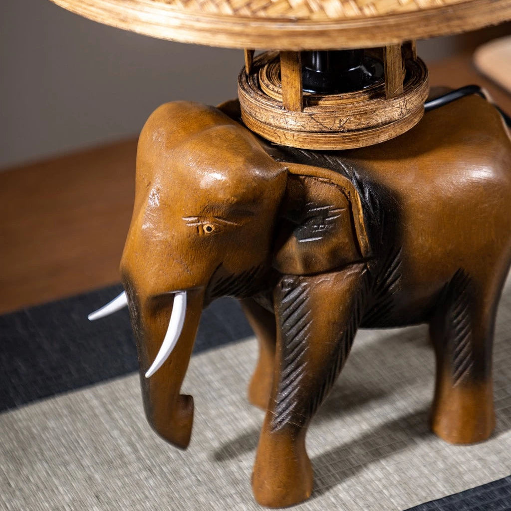 Rustic Wooden Elephant Lamp - Bamboo Hat Shade