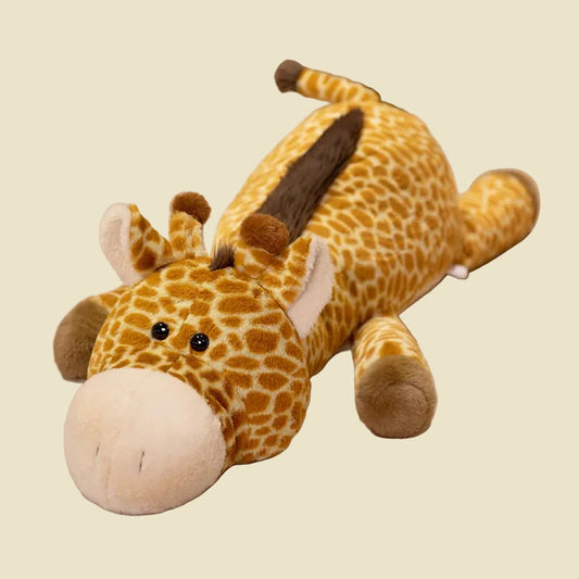 Close-up of a giant, ultra-soft giraffe plush toy being used as a cozy floor mat and sleeping pillow.