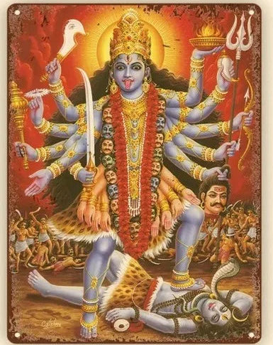 Vintage aluminum metal sign featuring the powerful Hindu gods Kali, perfect for spiritual home and wall decor.