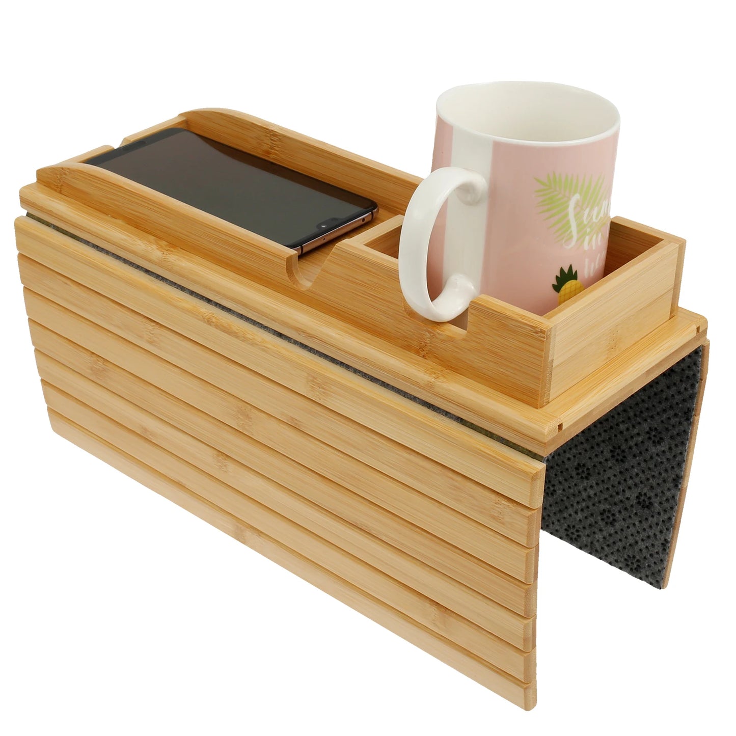 2-in-1 bamboo sofa tray table holding a white coffee mug and smartphone on a living room couch