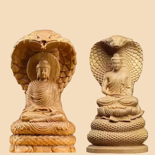 Hand-carved natural Cypress wood Shakyamuni Buddha statue protected by a Naga snake, perfect for Zen home decor and meditation spaces.