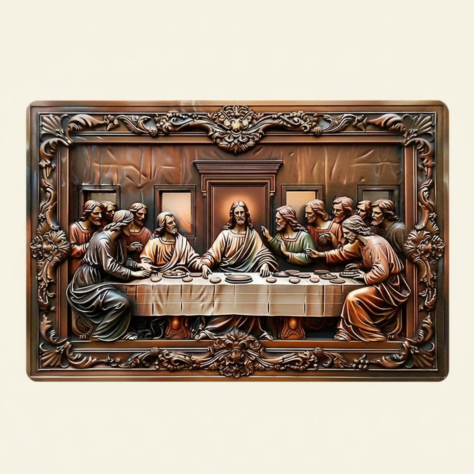 Classic aluminum metal wall art featuring a 3D visual relief effect of The Last Supper, perfect for religious dining room decor.