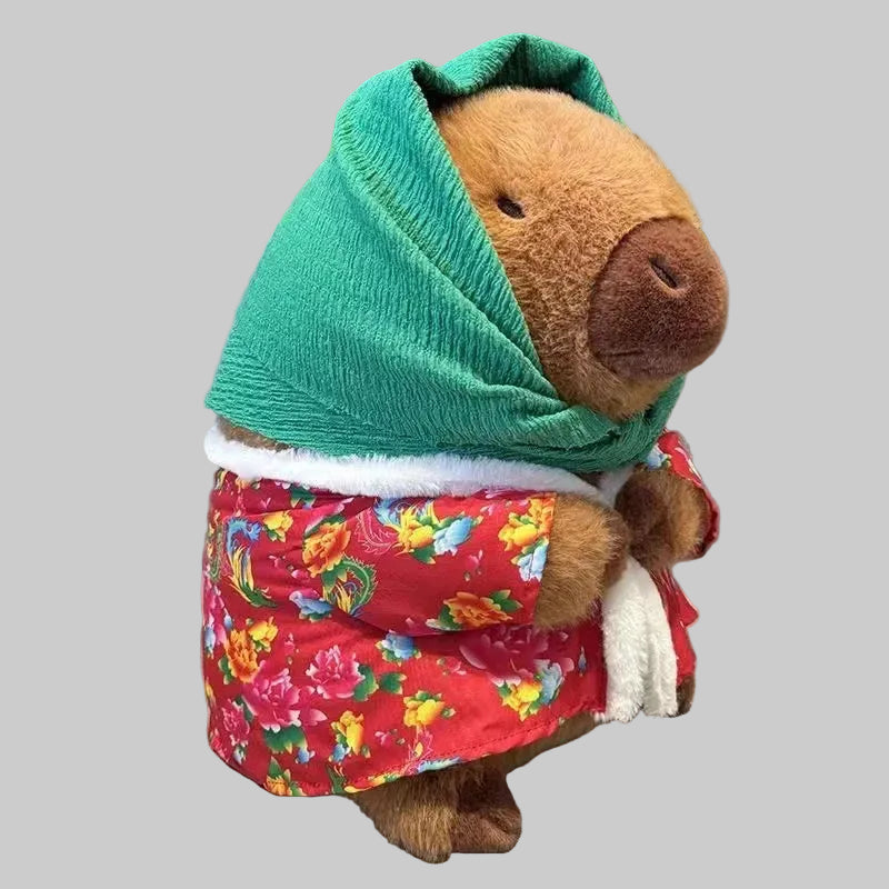 Funny Capybara plush toy wearing green military winter coat and hat