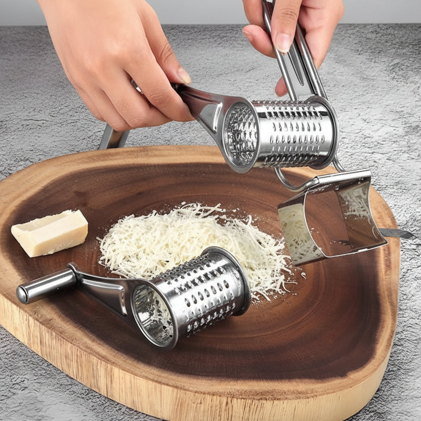 and using heavy duty stainless steel rotary cheese grater on wooden board