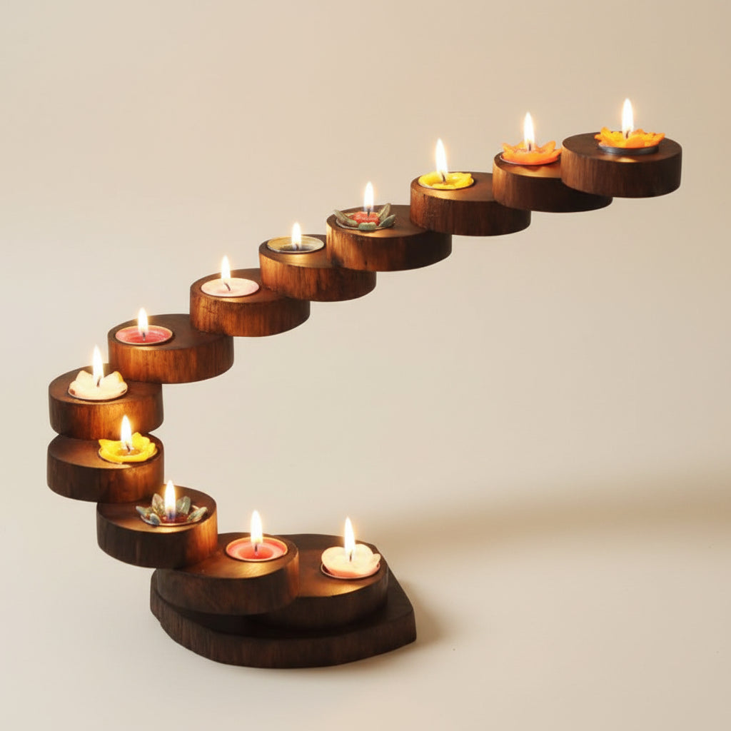 Hand-carved rustic wood candle holder featuring a multi-tier spiral design, ideal for a vintage dining table centerpiece and cozy home decor.