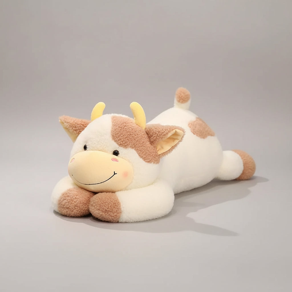 Giant black and white milk cow plush body pillow on bed