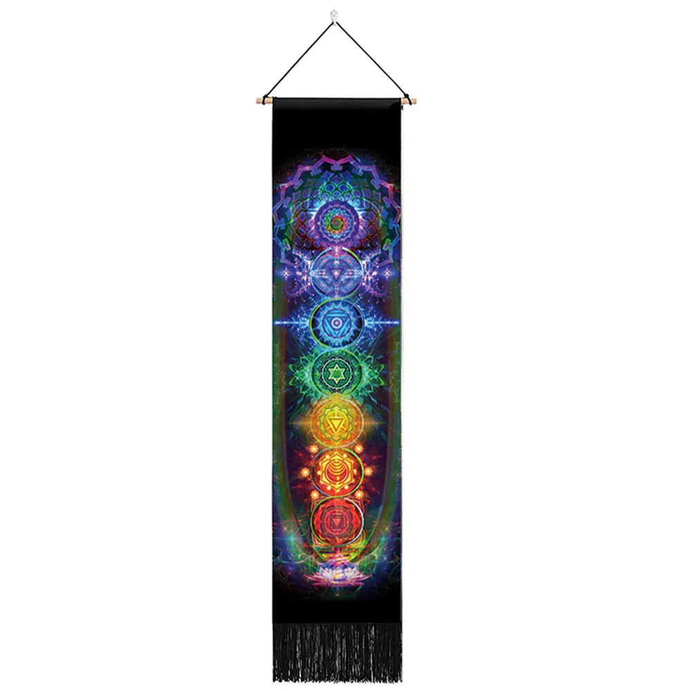 Vibrant seven chakra tapestry wall hanging, perfect for yoga rooms and bedroom hippie decor.