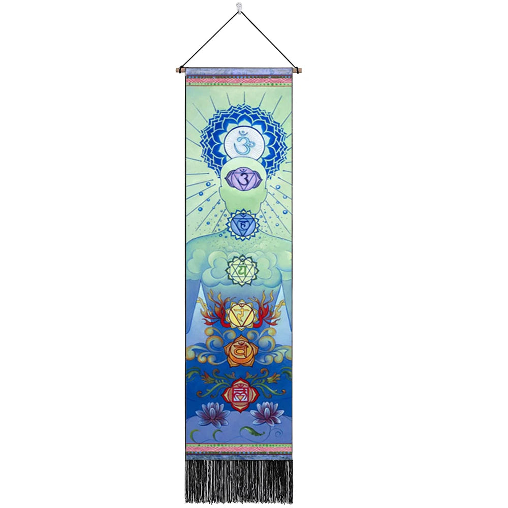 Vibrant seven chakra tapestry wall hanging, perfect for yoga rooms and bedroom hippie decor.