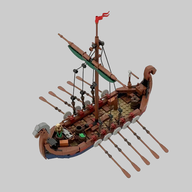 Medieval Viking Longship MOC building blocks set with oars and red sail