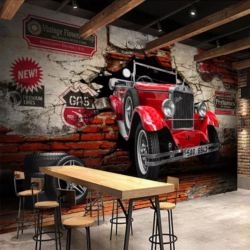 Retro Red Car Broken Wall Mural Wallpaper