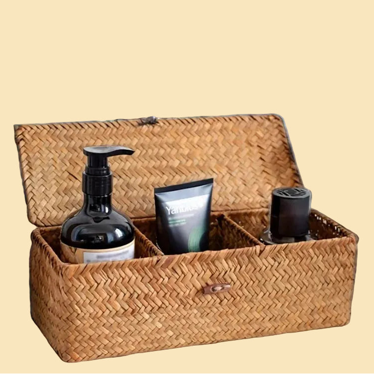 Rectangular hand-woven seagrass storage basket with lid and 3 sections