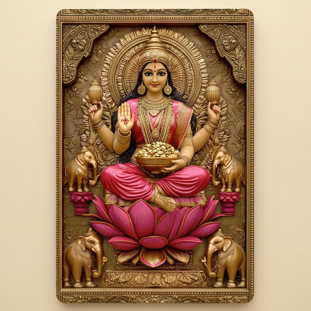 Decorative aluminum metal wall hanging featuring a 3D visual effect of the Hindu Goddess Lakshmi, perfect for attracting prosperity and spiritual home decor.