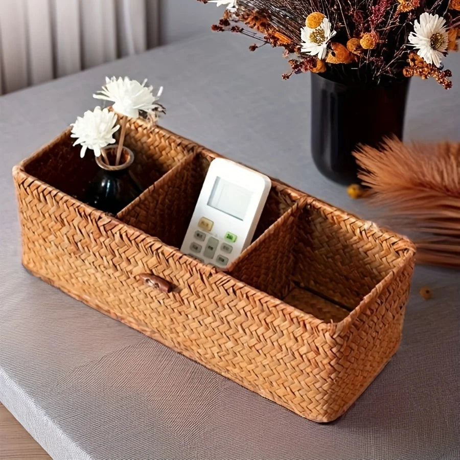 Rectangular hand-woven seagrass storage basket with lid and 3 sections