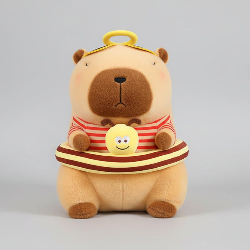 Cute Capybara plush toy wearing yellow bee swim ring summer decor