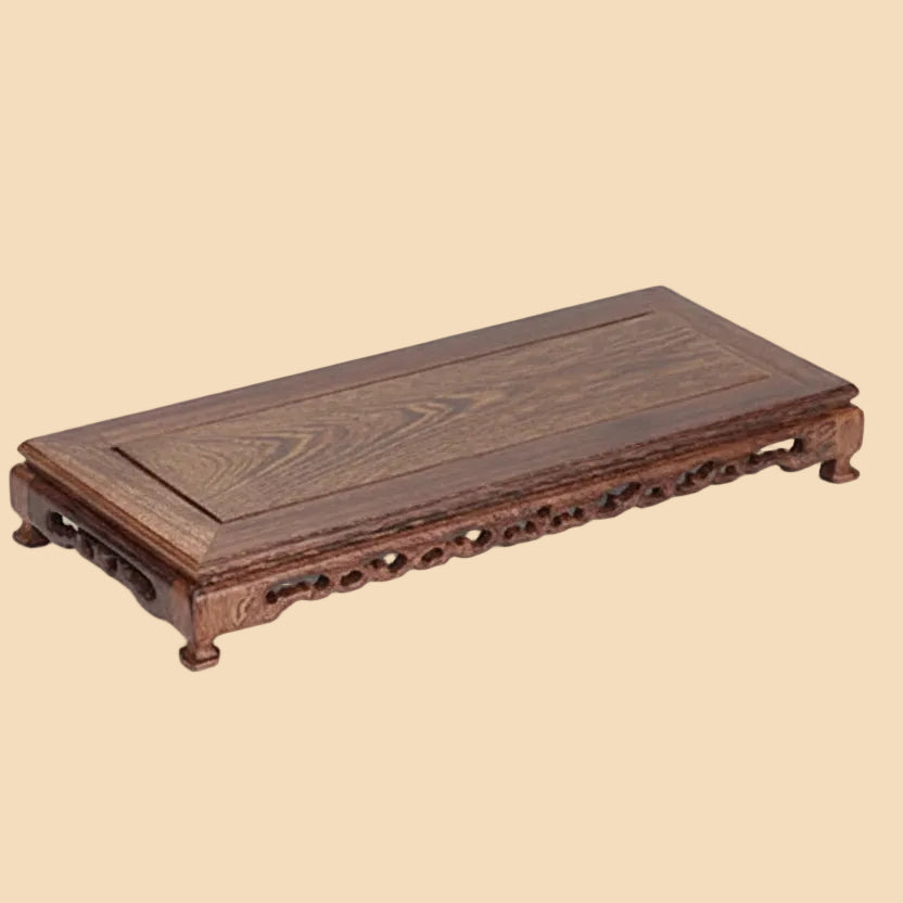 Hand-carved rectangular oriental wooden display stand made from premium chicken wing wood, with intricate details for displaying vases and teapots.