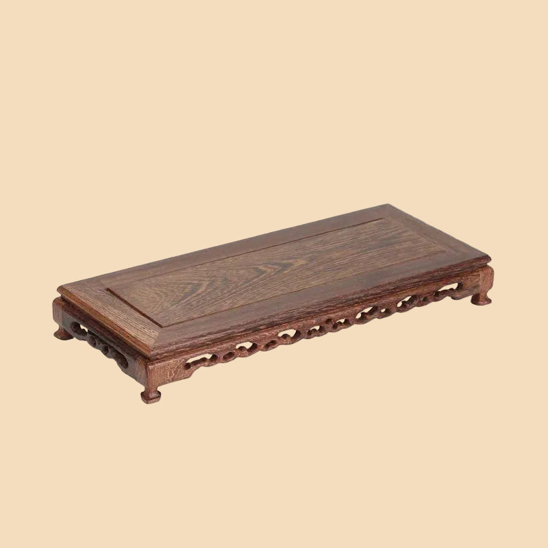 Hand-carved rectangular oriental wooden display stand made from premium chicken wing wood, with intricate details for displaying vases and teapots.
