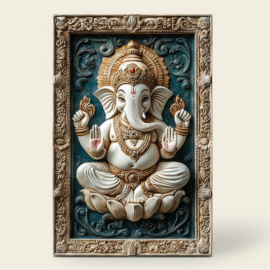 Modern aluminum metal wall decor featuring a 3D visual effect of the Ganesha Hindu gods elephant, perfect for spiritual home decoration.