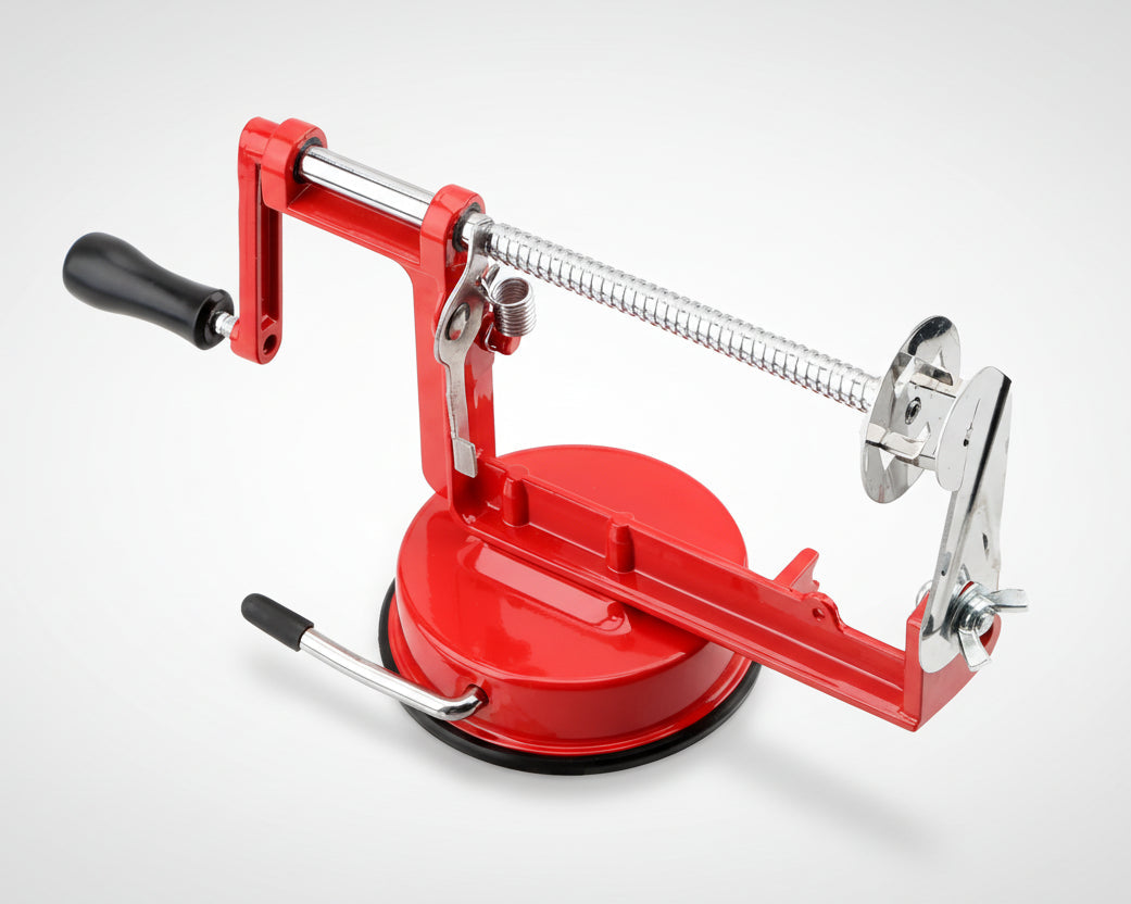 Red manual spiral potato slicer with stainless steel blade, creating twisted tornado fries on skewers.