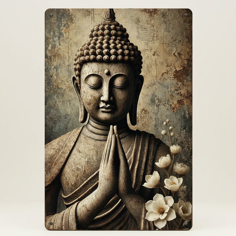 Vintage rustic metal wall art featuring a serene stone Buddha sign of peace, perfect for indoor and outdoor decor.
