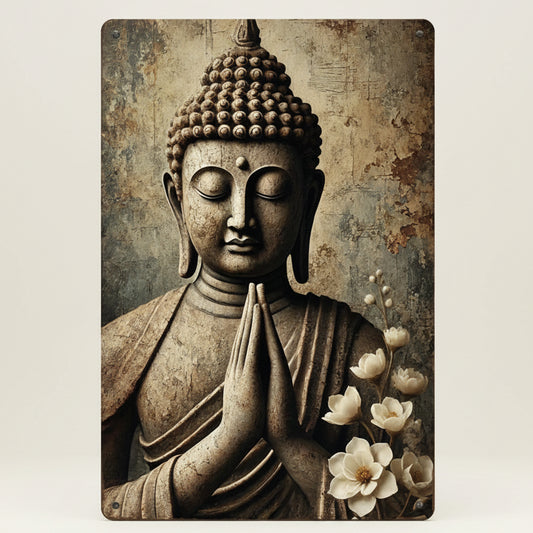 Vintage rustic metal wall art featuring a serene stone Buddha sign of peace, perfect for indoor and outdoor decor.