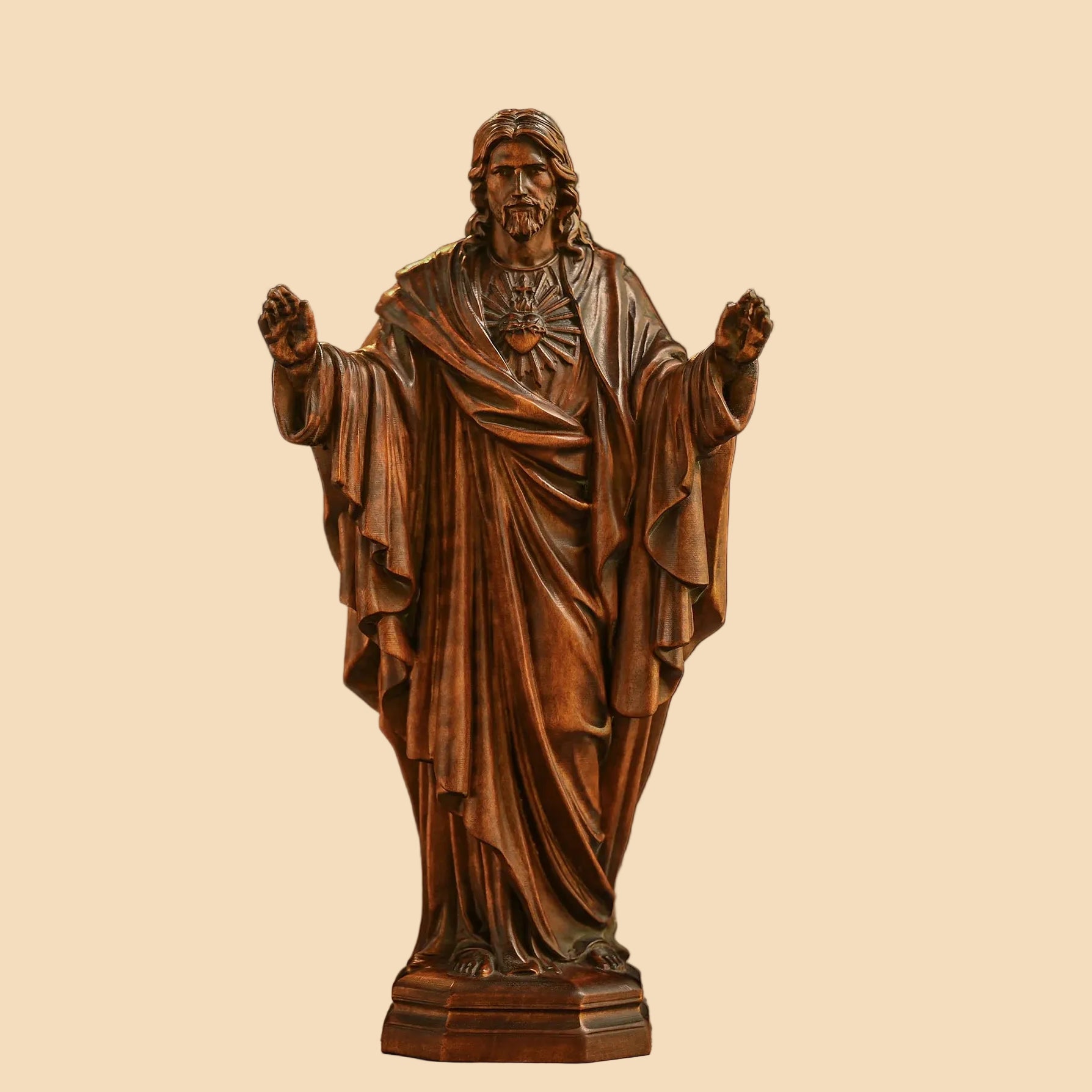 Hand-carved solid wood Sacred Heart Jesus statue featuring retro finish, perfect for Catholic home decor and religious gifts.