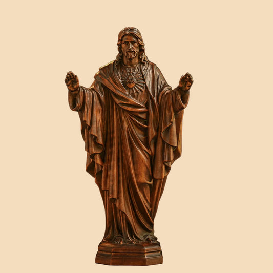 Hand-carved solid wood Sacred Heart Jesus statue featuring retro finish, perfect for Catholic home decor and religious gifts.
