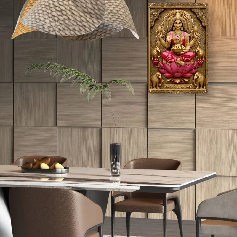 Decorative aluminum metal wall hanging featuring a 3D visual effect of the Hindu Goddess Lakshmi, perfect for attracting prosperity and spiritual home decor.