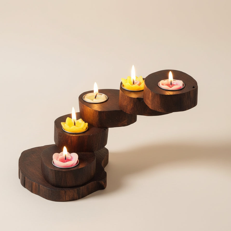 Hand-carved rustic wood candle holder featuring a multi-tier spiral design, ideal for a vintage dining table centerpiece and cozy home decor.