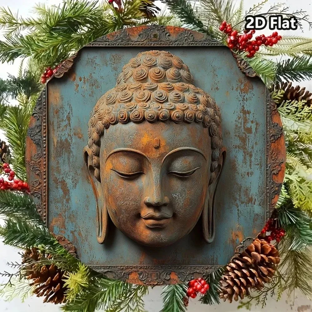 Vintage rustic Buddha metal tin sign, 20x20cm circular 2D flat wall art designed for peaceful Zen room decoration.