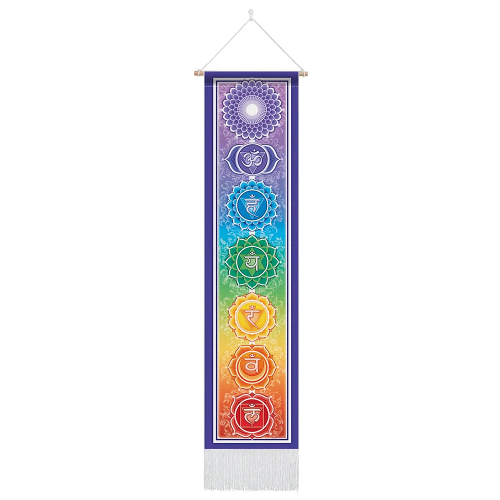 Vibrant seven chakra tapestry wall hanging, perfect for yoga rooms and bedroom hippie decor.