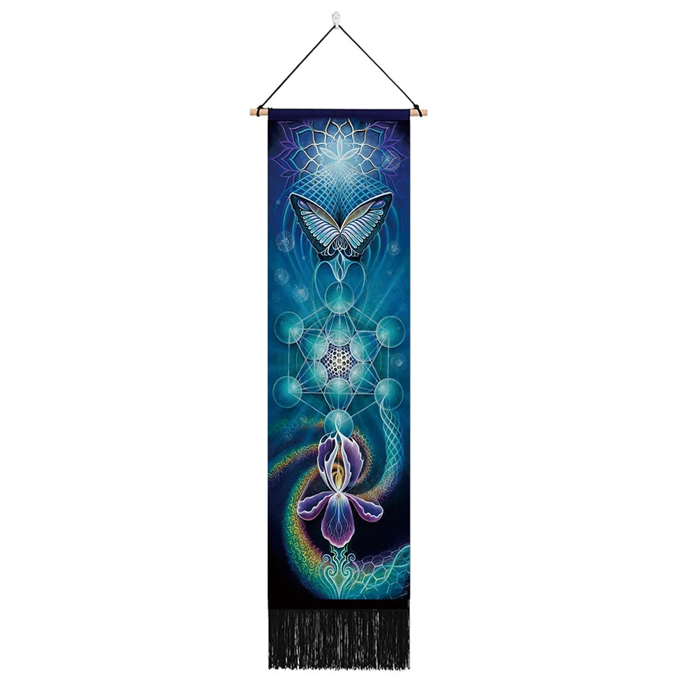 Vibrant seven chakra tapestry wall hanging, perfect for yoga rooms and bedroom hippie decor.