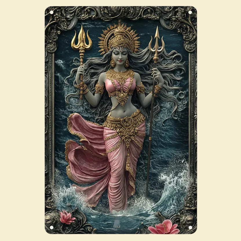 Decorative aluminum metal sign featuring a 3D visual effect of the Hindu gods Kali standing in water, perfect for spiritual wall decor.