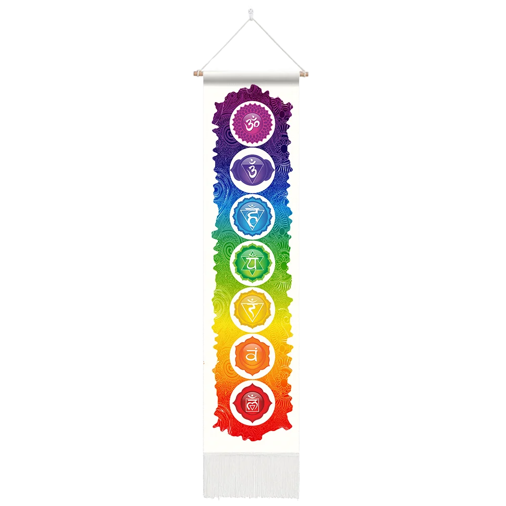 Vibrant seven chakra tapestry wall hanging, perfect for yoga rooms and bedroom hippie decor.