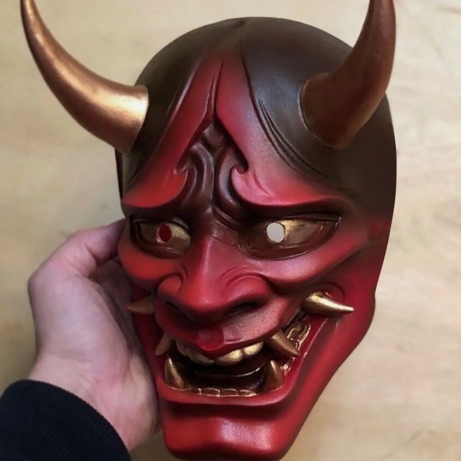 featuring a striking red and gold demonic design Creepy Latex Samurai Mask  Realistic Halloween Cosplay Prop