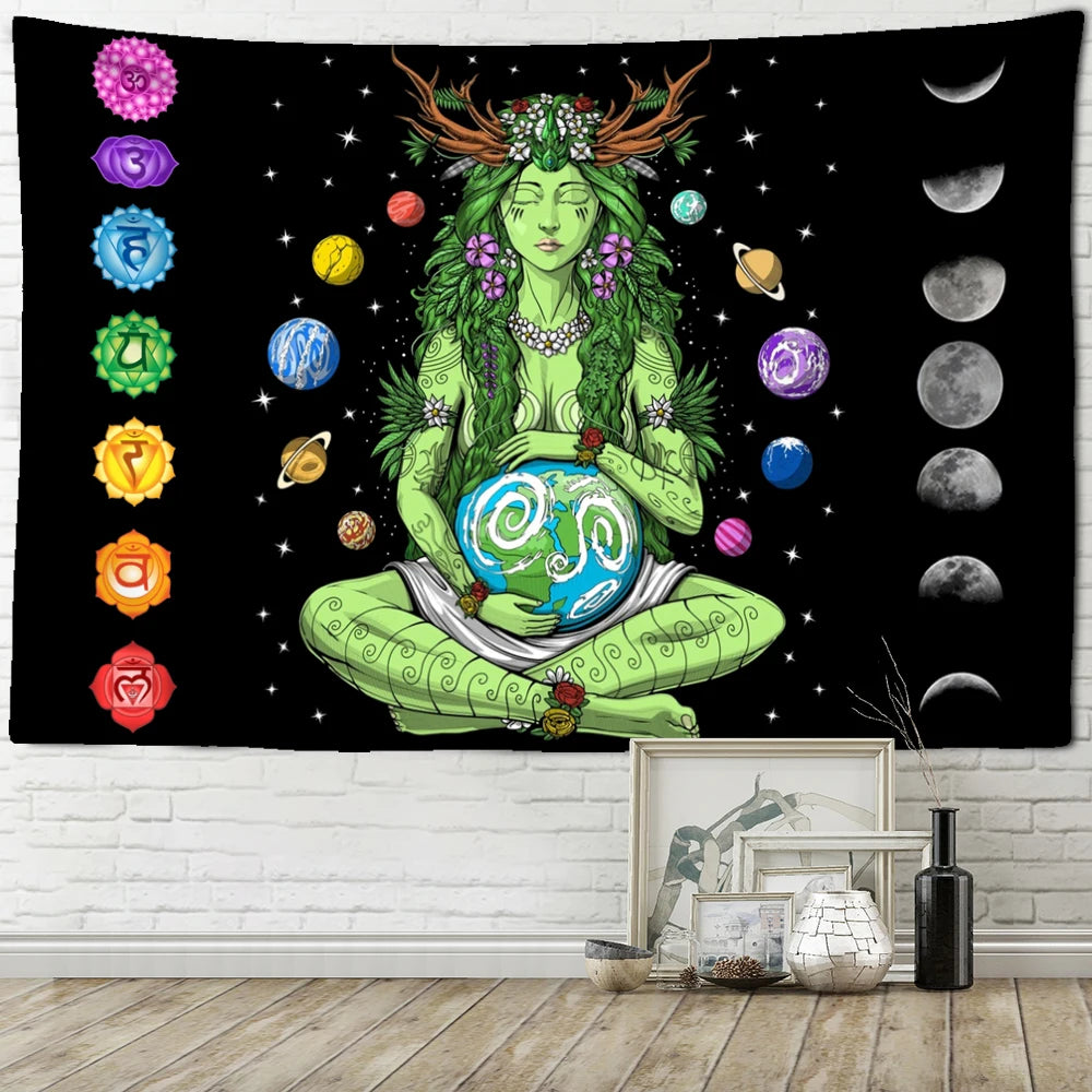 Abstract Green Girl Seven Chakra Tapestry Wall Hanging