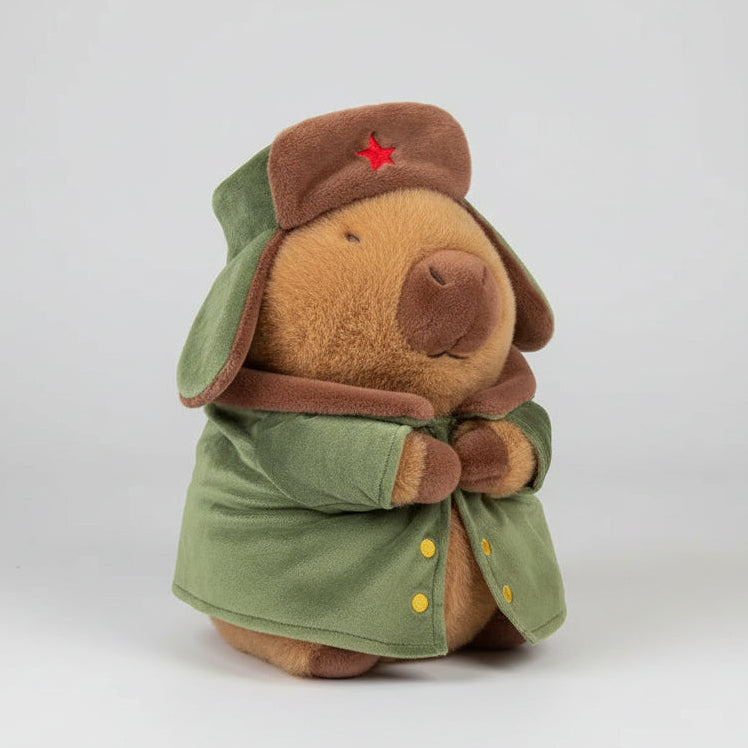 Funny Capybara plush toy wearing green military winter coat and hat