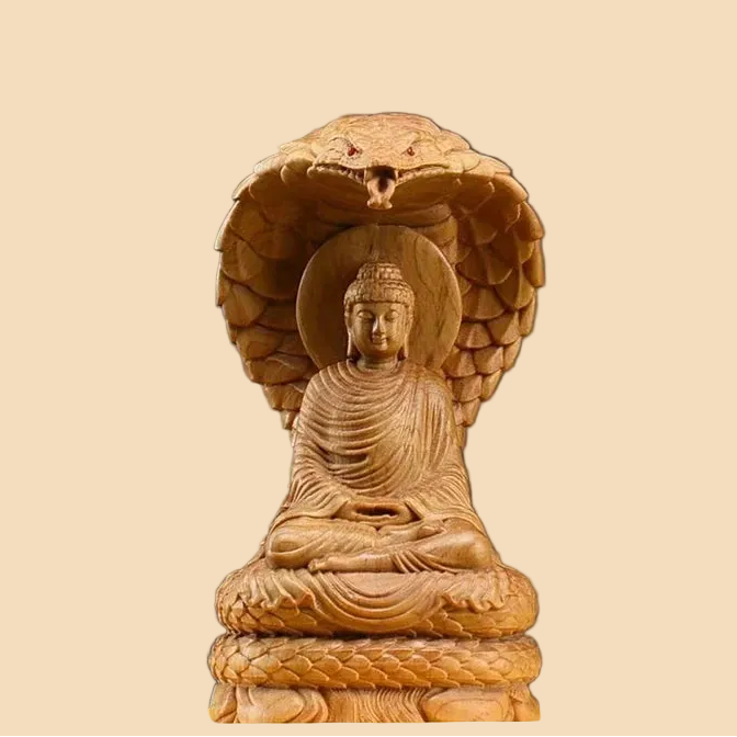 Hand-carved natural Cypress wood Shakyamuni Buddha statue protected by a Naga snake, perfect for Zen home decor and meditation spaces.