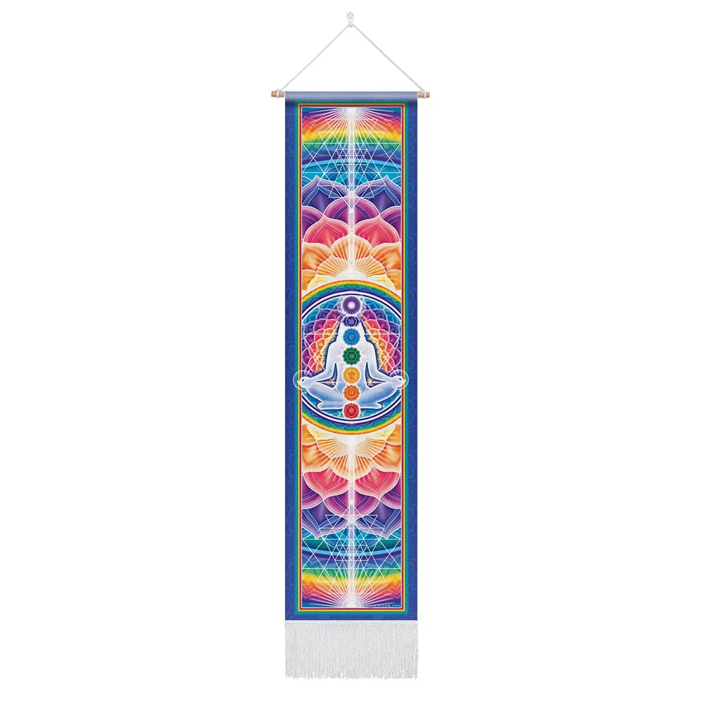 Vibrant seven chakra tapestry wall hanging, perfect for yoga rooms and bedroom hippie decor.