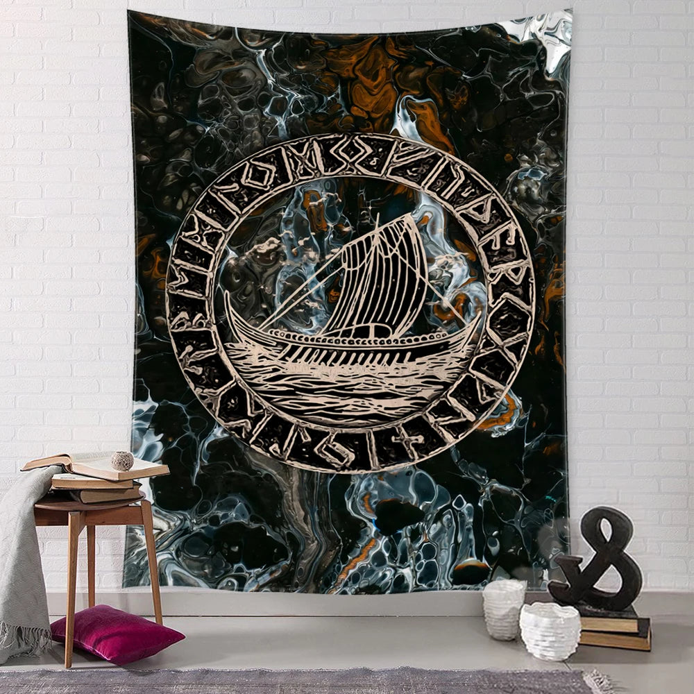 Retro Viking  Mysterious Raven Tapestry Wall Hanging