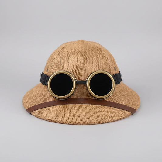 Vintage straw safari sun hat with retro goggles for summer