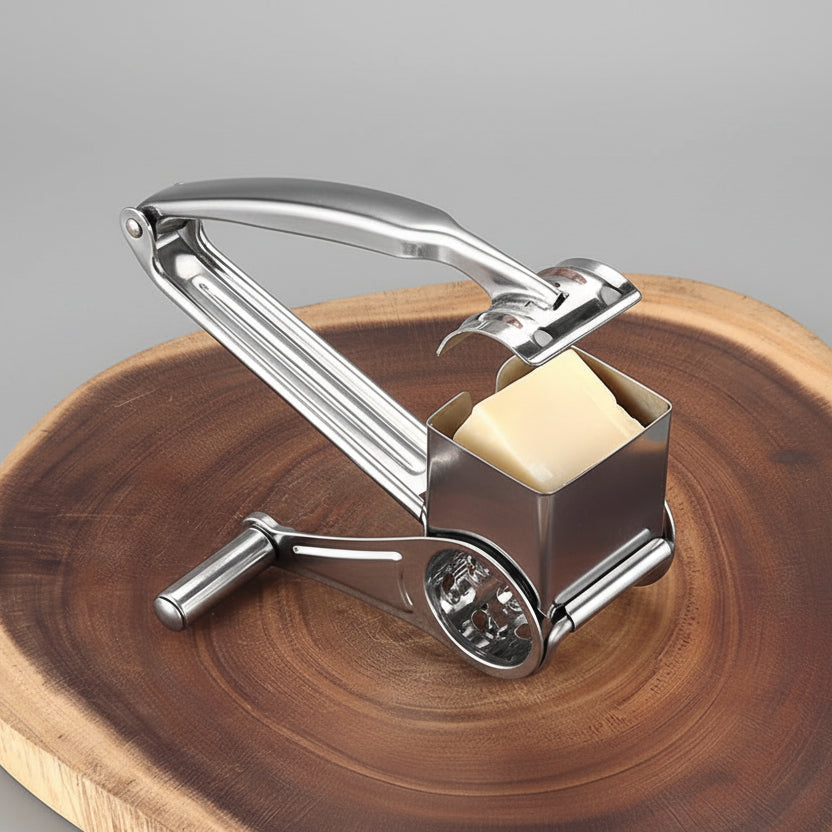 and using heavy duty stainless steel rotary cheese grater on wooden board
