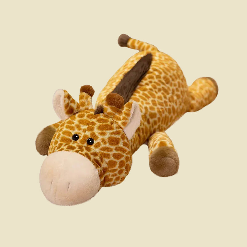 Close-up of a giant, ultra-soft giraffe plush toy being used as a cozy floor mat and sleeping pillow.