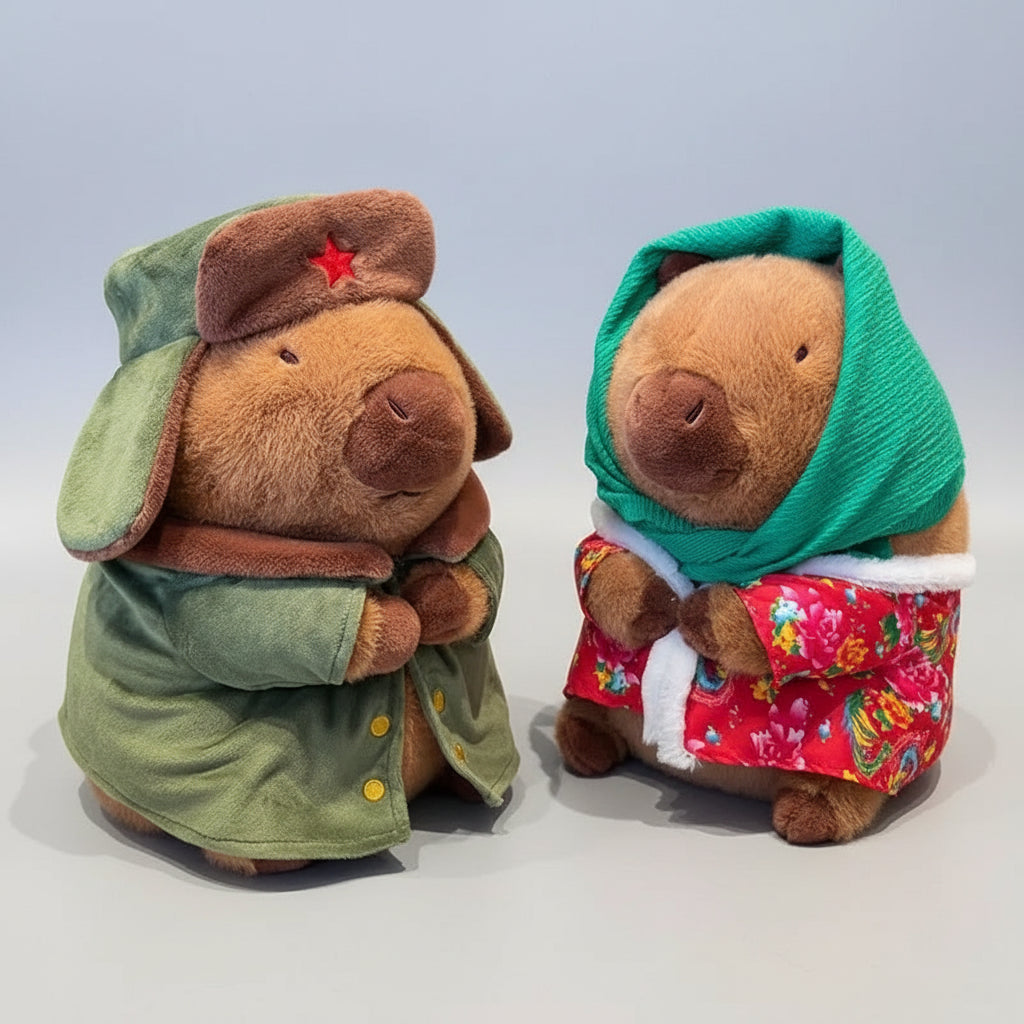 Funny Capybara plush toy wearing green military winter coat and hat