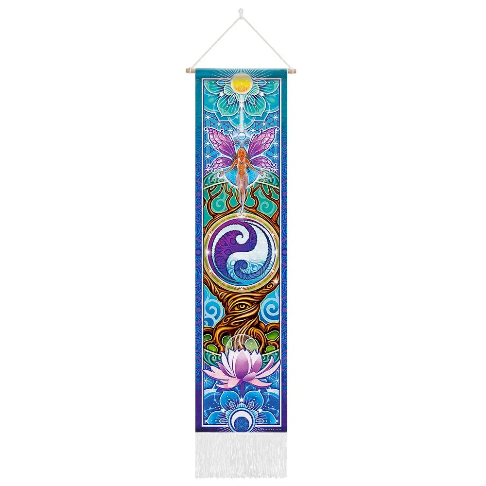 Vibrant seven chakra tapestry wall hanging, perfect for yoga rooms and bedroom hippie decor.
