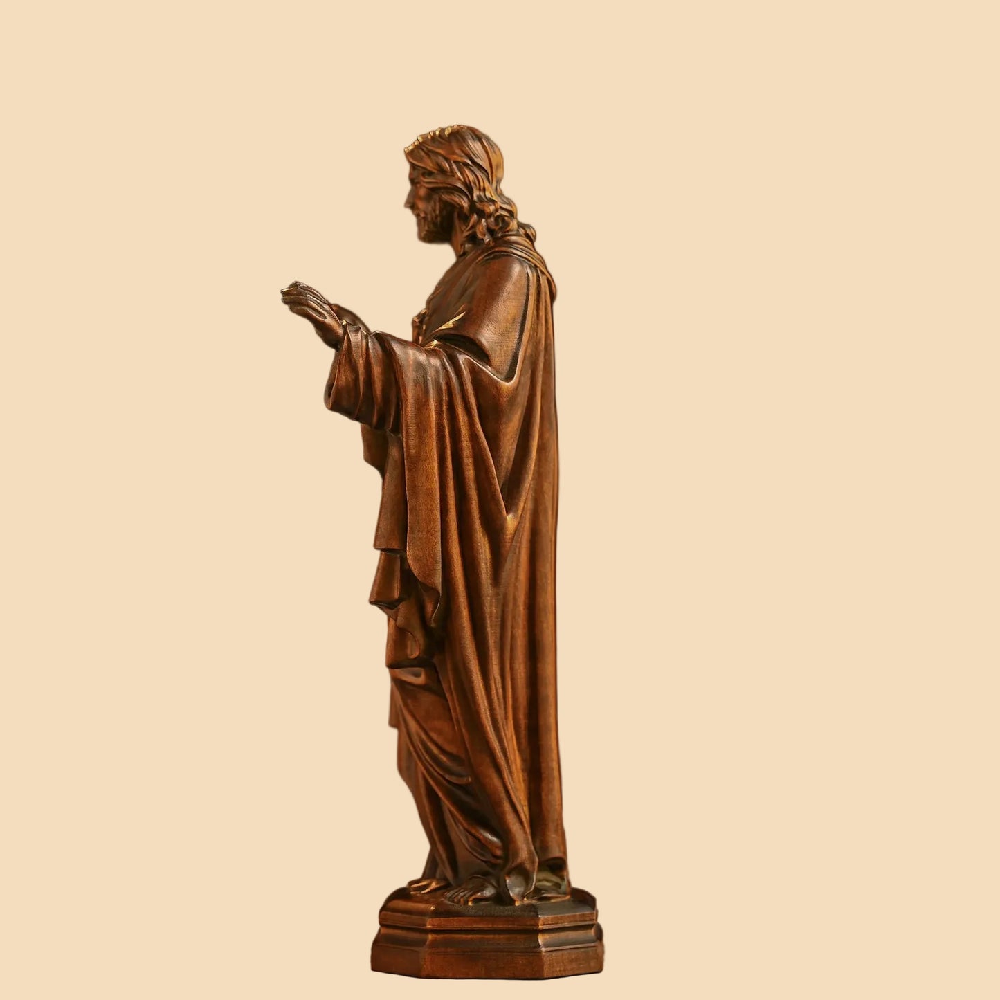Hand-carved solid wood Sacred Heart Jesus statue featuring retro finish, perfect for Catholic home decor and religious gifts.