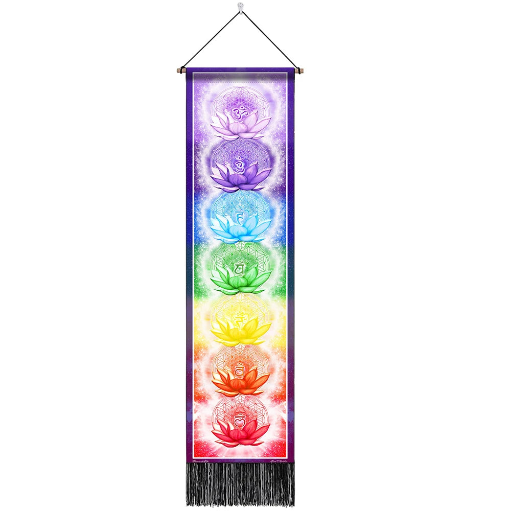 Vibrant seven chakra tapestry wall hanging, perfect for yoga rooms and bedroom hippie decor.